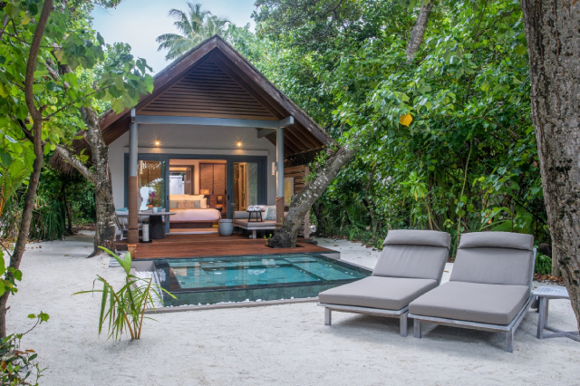 Three-bedroom beach pool outdoor terrace with gazebo and dining area